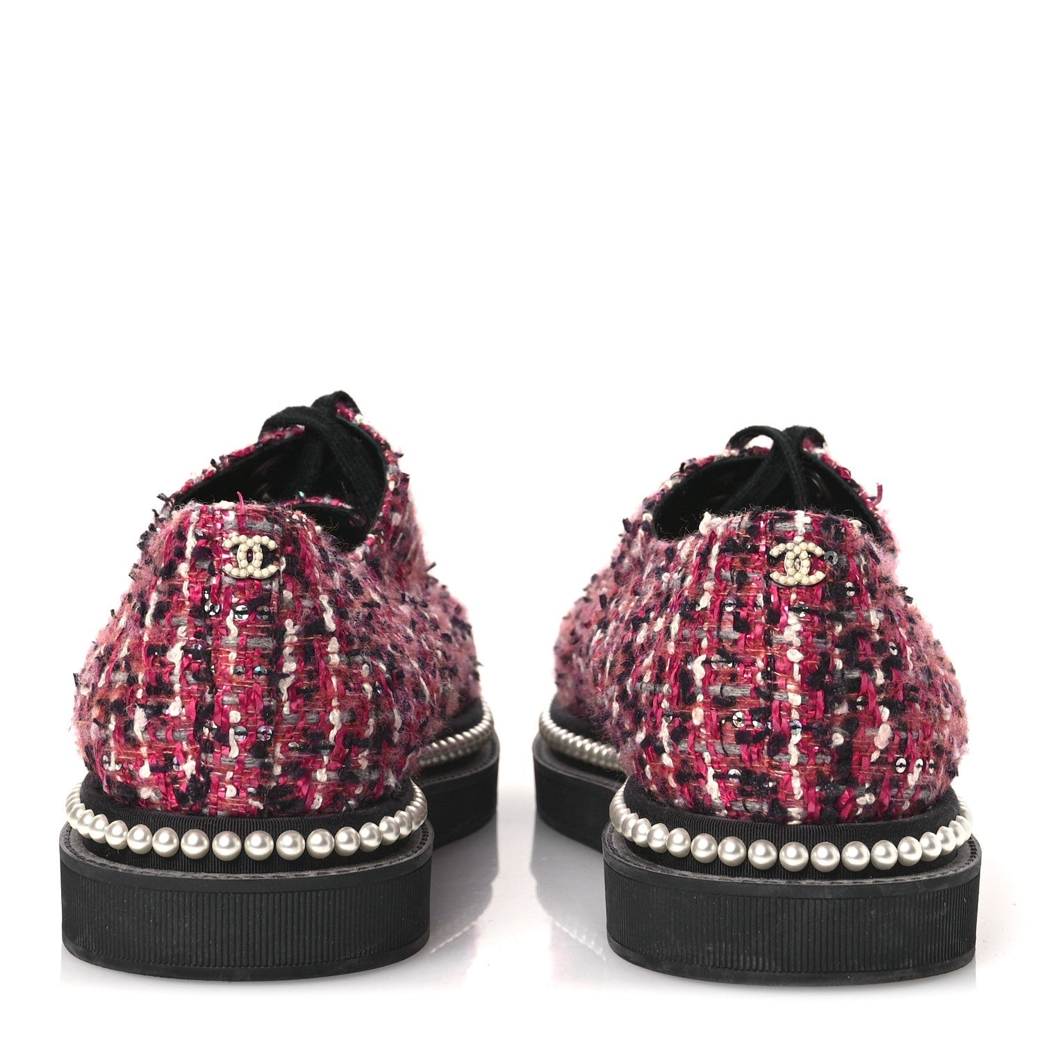 CHANEL TWEED GROSGRAIN SEQUIN PEARL LACE UP SNEAKER BLACK