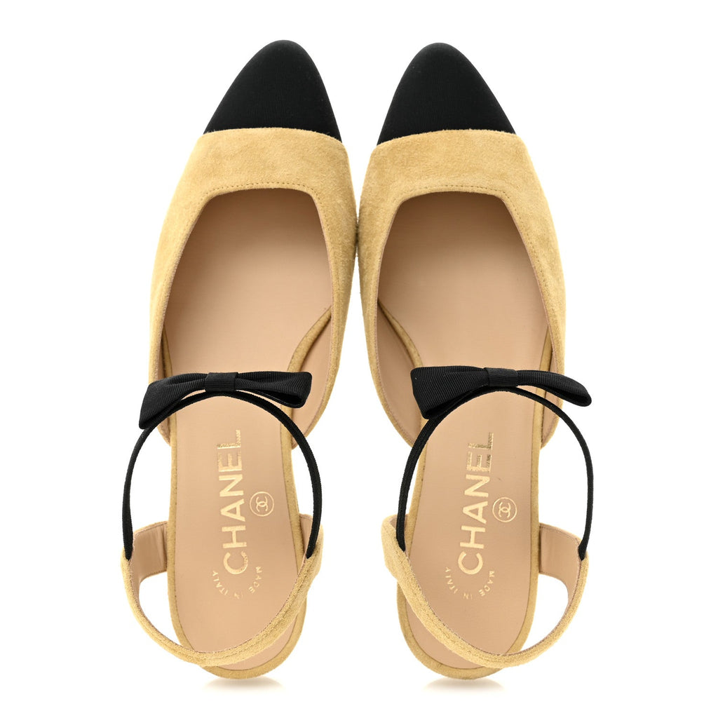 CHANEL SUEDE CRYSTAL GROSGRAIN CAP TOE CC SLINGBACK FLATS PINK GOLD BLACK (ALL BLACK, NO CAP TOE CONTRAST)