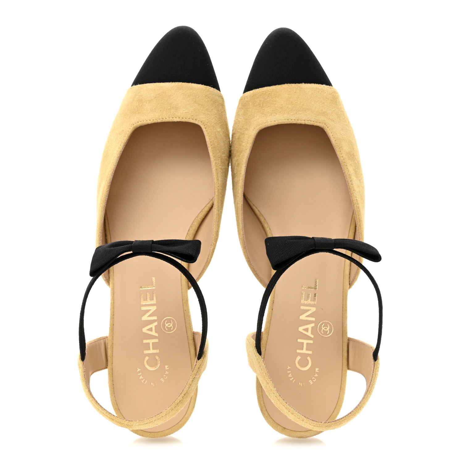 CHANEL SUEDE CRYSTAL GROSGRAIN CAP TOE CC SLINGBACK FLATS PINK GOLD BLACK (ALL BLACK, NO CAP TOE CONTRAST)