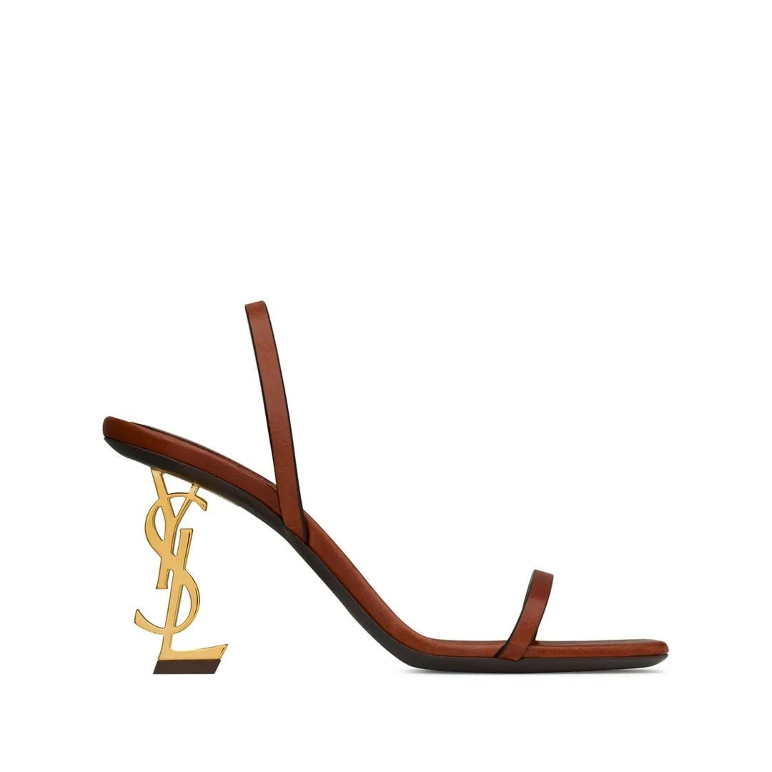 Saint Laurent Opyum 85 Sculptural Logo-Heel Satin Sandals - Brown/Tan