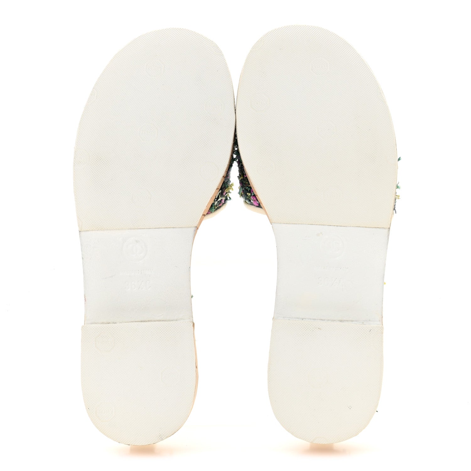 CHANEL TWEED CORK CC CHAIN MULE SANDAL WHITE