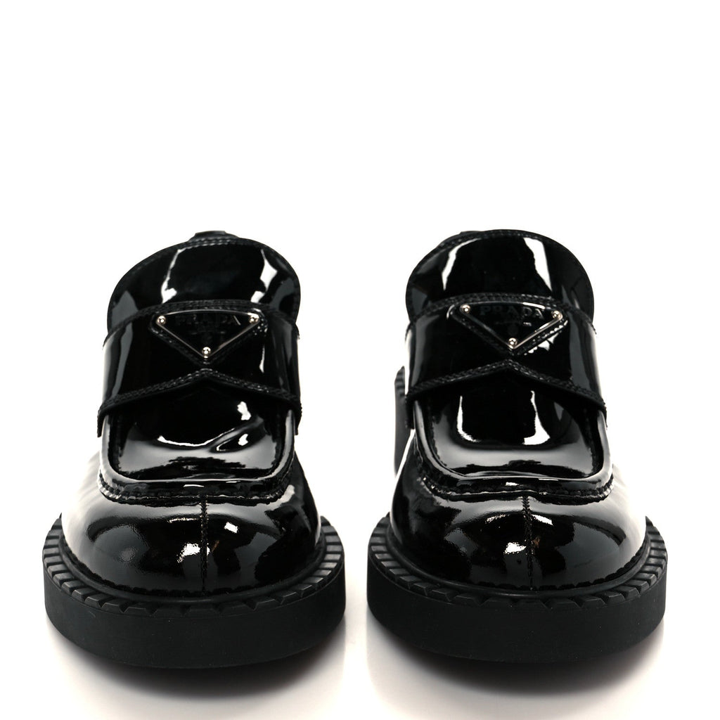 PRADA VERNICE METAL TRIANGLE LOGO LOAFER PUMPS BLACK