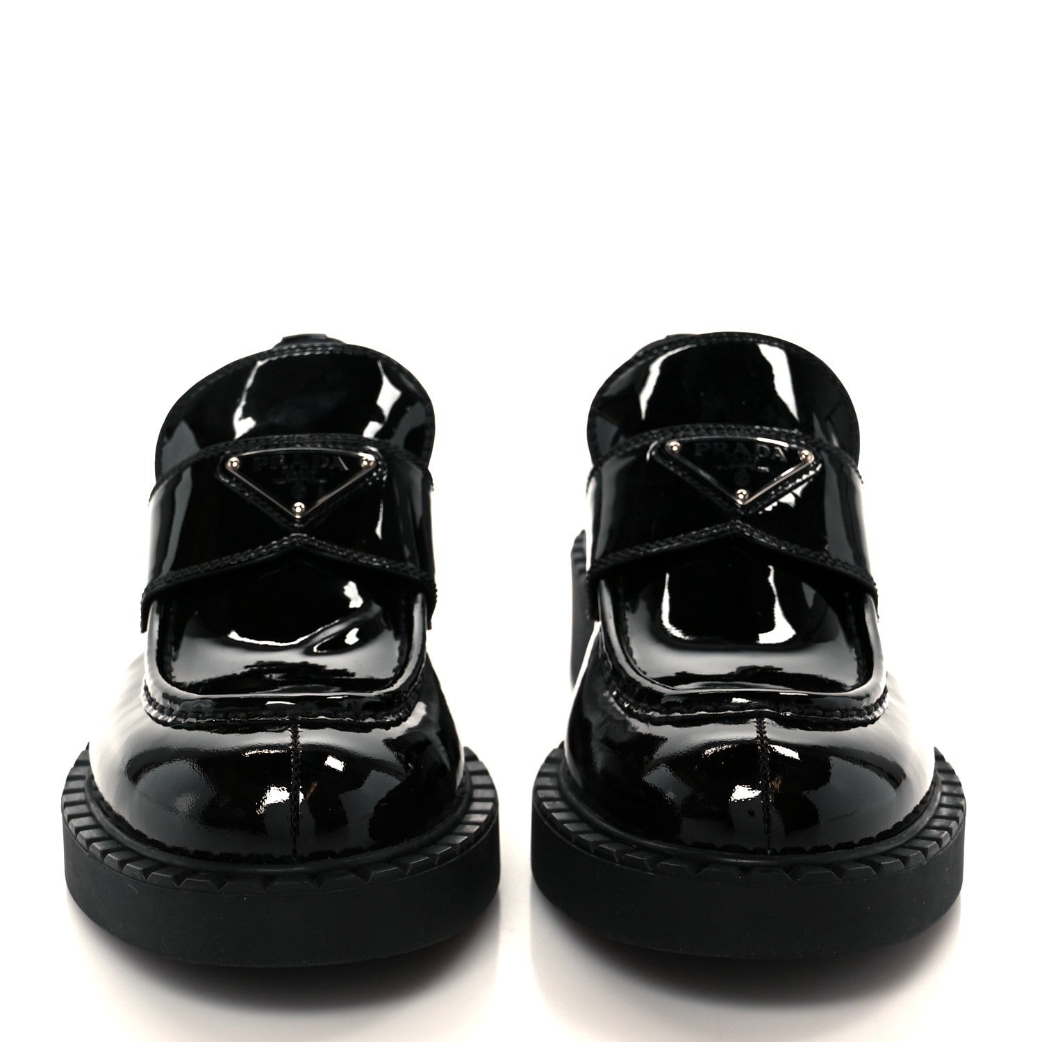 PRADA VERNICE METAL TRIANGLE LOGO LOAFER PUMPS BLACK
