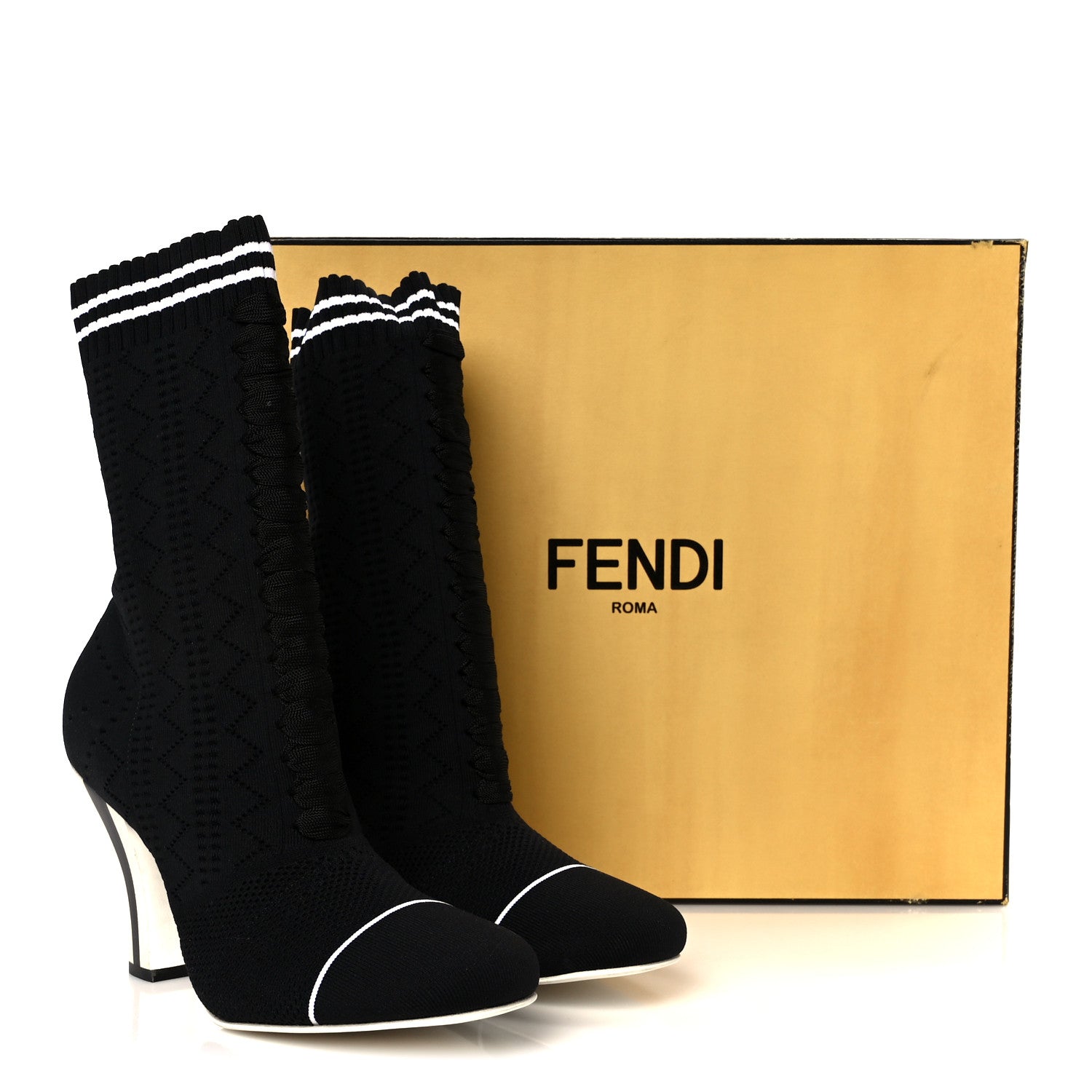 FENDI FF ROCKOKO STRETCH FABRIC OPENWORK SOCK BOOT BLACK & WHITE PEARL