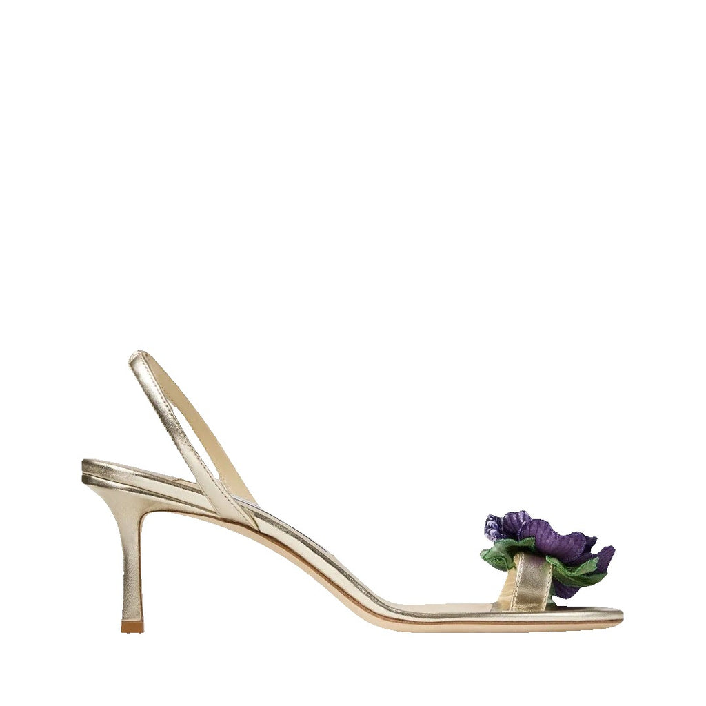 Jimmy Choo 70mm Freja Flower Leather Sandals - Gold with Purple Flower