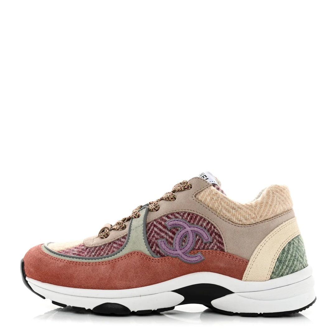 CHANEL FABRIC SUEDE CALFSKIN CC SNEAKERS PINK BEIGE MULTICOLOR