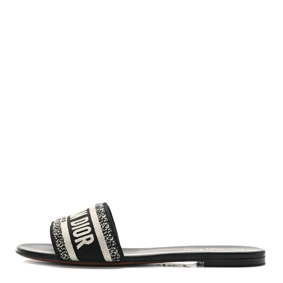 CHRISTIAN DIOR DWAY EMBROIDERED FLAT SLIDE SANDALS CAMEL CANVAS BLACK AND WHITE