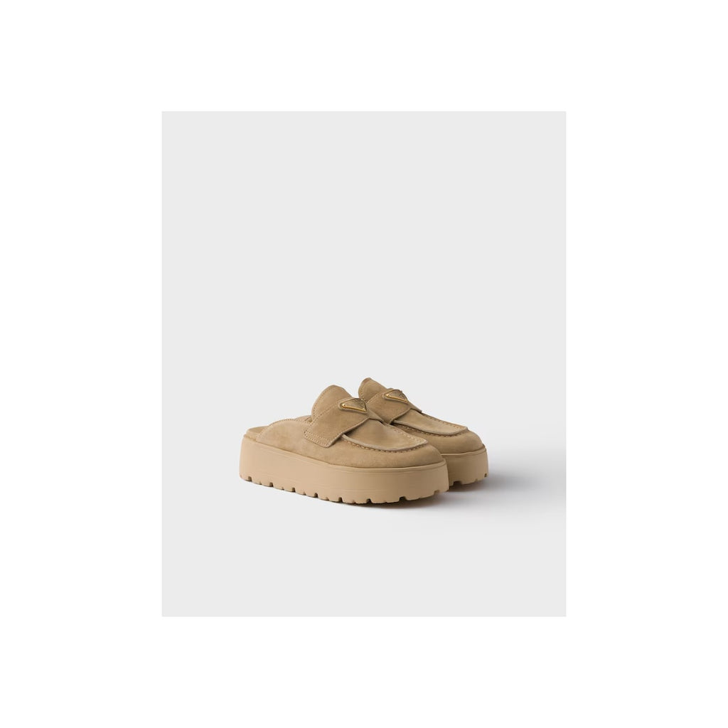 PRADA NUBUCK FLATFORM MULES BROWN