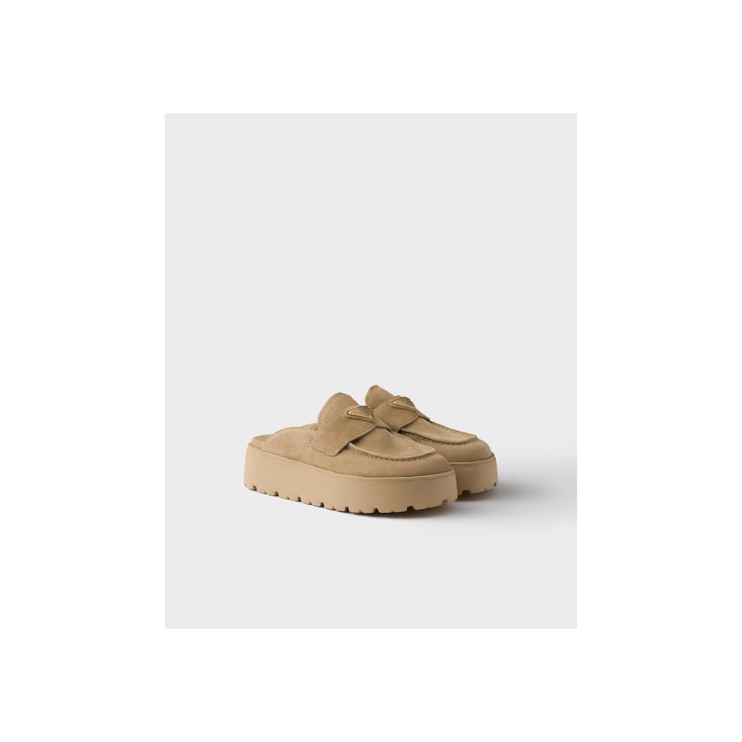 PRADA NUBUCK FLATFORM MULES BROWN