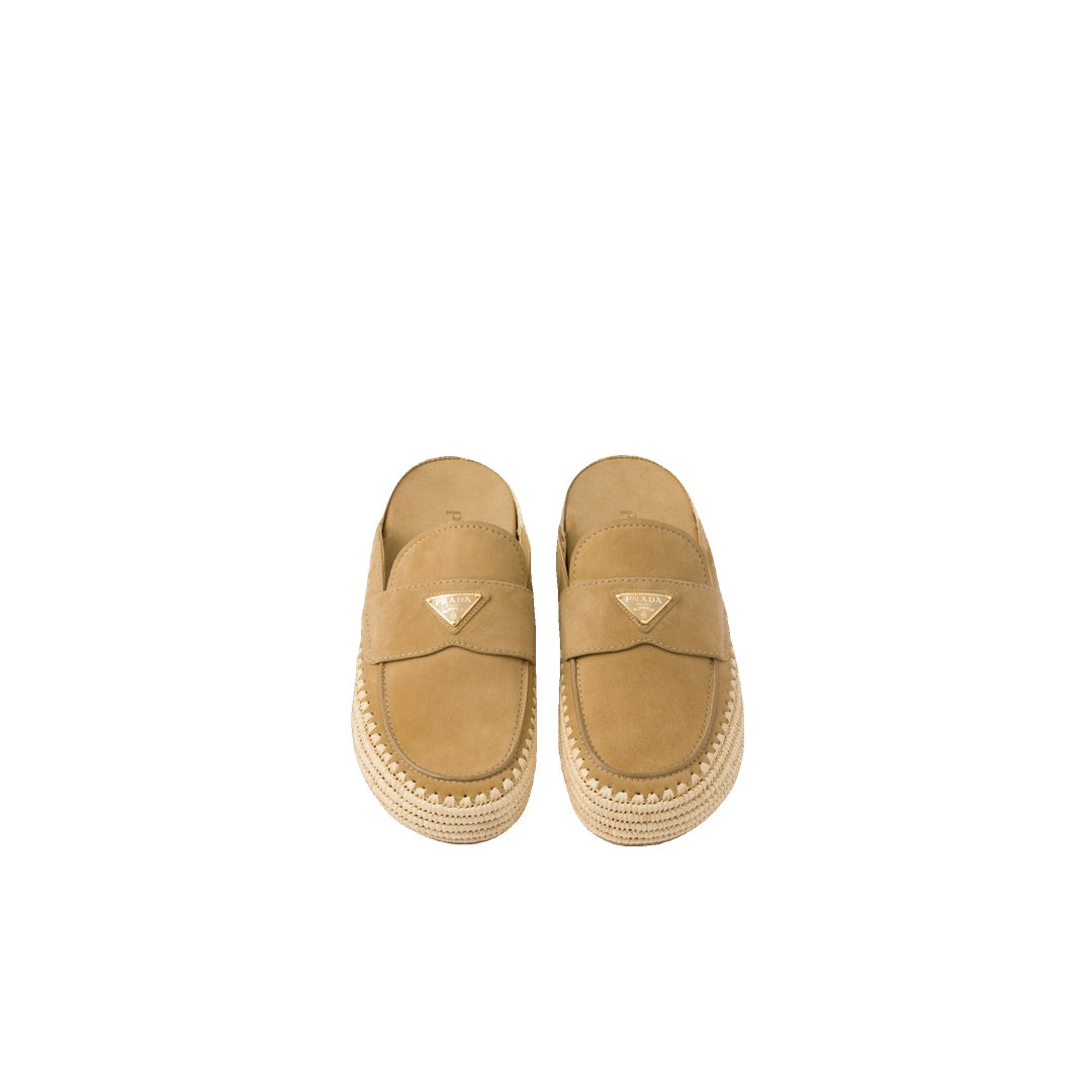 PRADA NUBUCK FLATFORM MULES BROWN