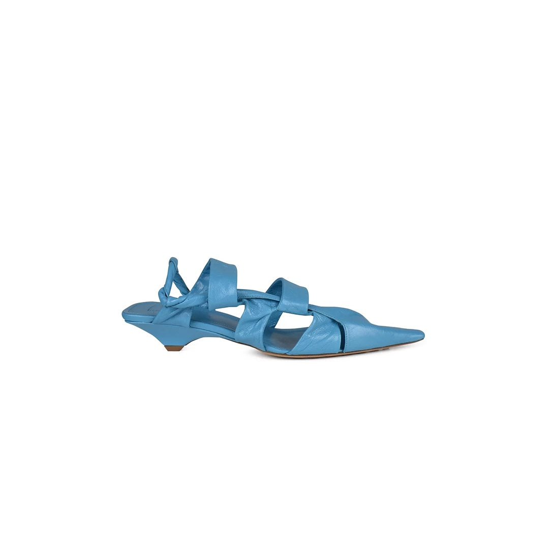 BOTTEGA VENETA RIVA FLORAL LEATHER KITTEN-HEEL SANDALS BLUE