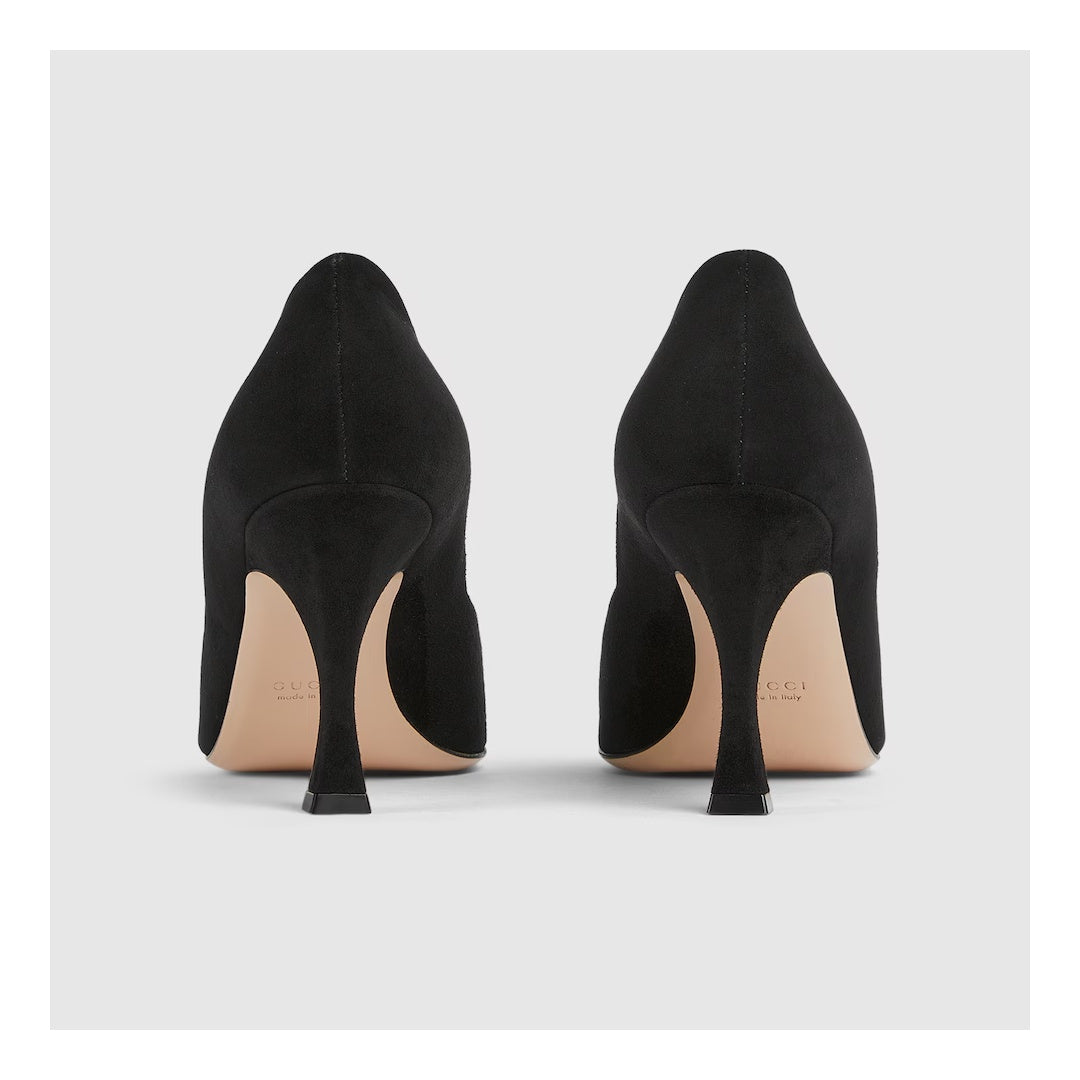 GUCCI G INTERLOCKING SUEDE & CRYSTAL PUMP BLACK