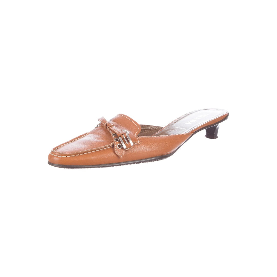 PRADA LEATHER KITTEN HEEL SLINGBACK MULES POINTED TOE PINK