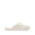 PRADA LOGO BUCKLE SUEDE MULES WHITE