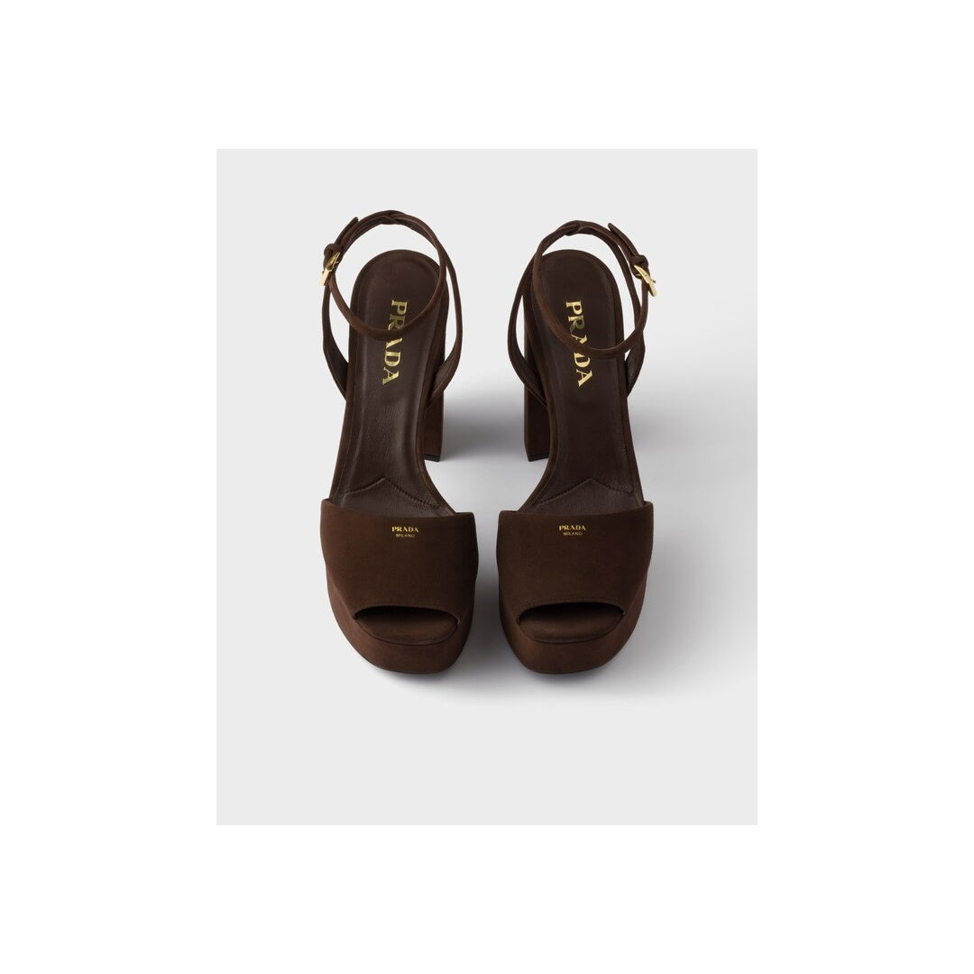 PRADA LOGO-PLAQUE SUEDE PLATFORM SANDALS BROWN
