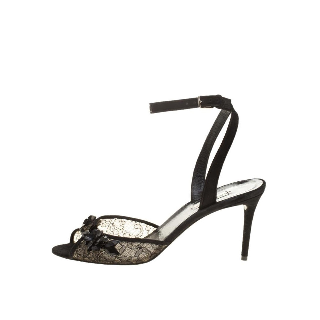 BALENCIAGA FLORAL-EMBELLISHED LACE FLAT SANDALS BLACK