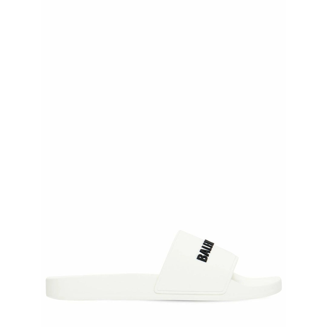 BALENCIAGA POOL LOGO-PRINT SLIDE SANDALS WHITE