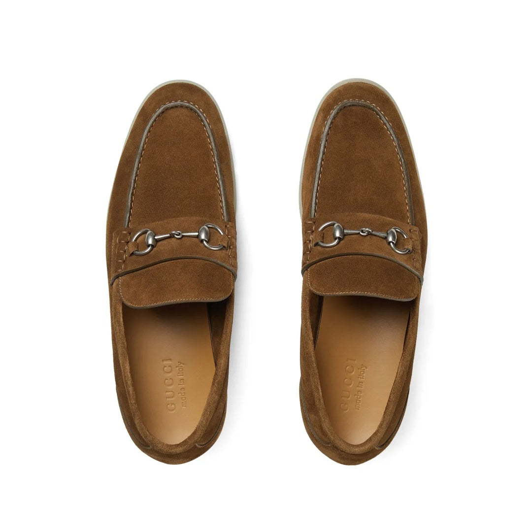 GUCCI HORSEBIT-EMBELLISHED WEBBING-TRIMMED SUEDE LOAFERS BROWN