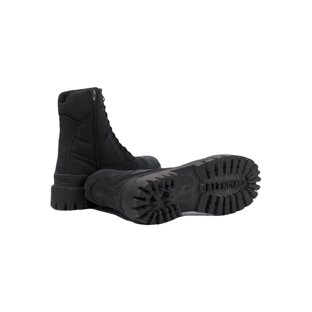 BALENCIAGA SLATE SUEDE AND CANVAS COMBAT ANKLE BOOTS BLACK