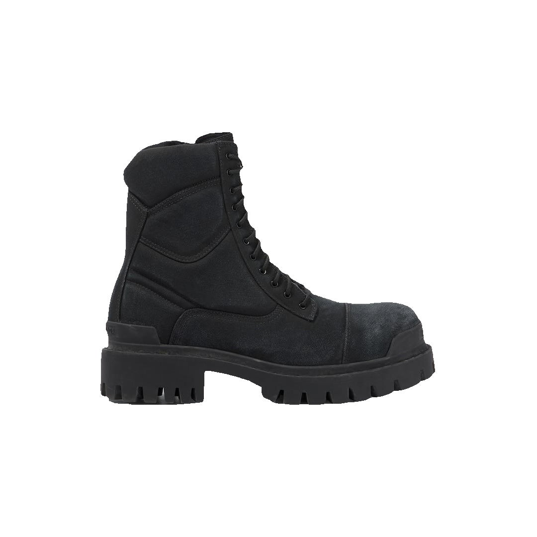 BALENCIAGA SLATE SUEDE AND CANVAS COMBAT ANKLE BOOTS BLACK