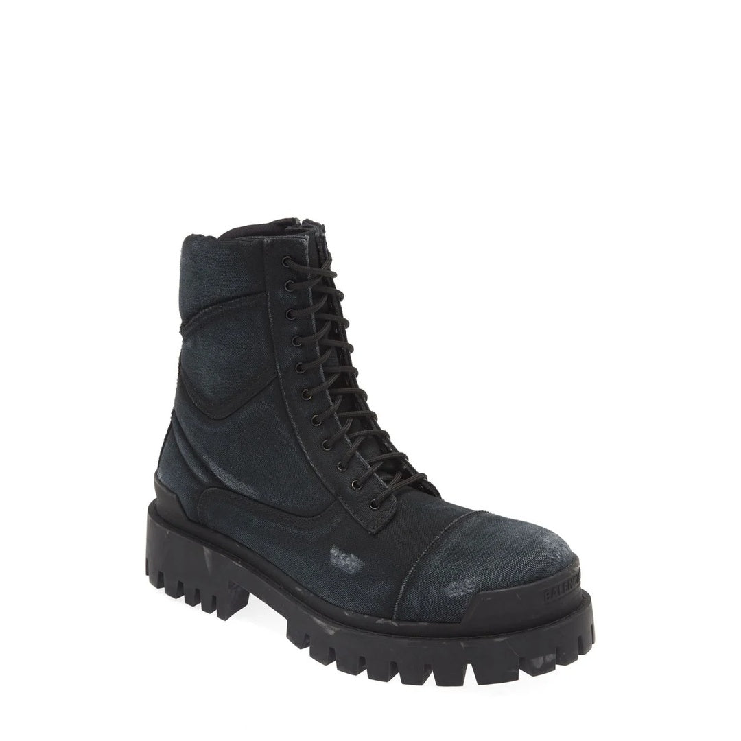 BALENCIAGA SLATE SUEDE AND CANVAS COMBAT ANKLE BOOTS BLACK