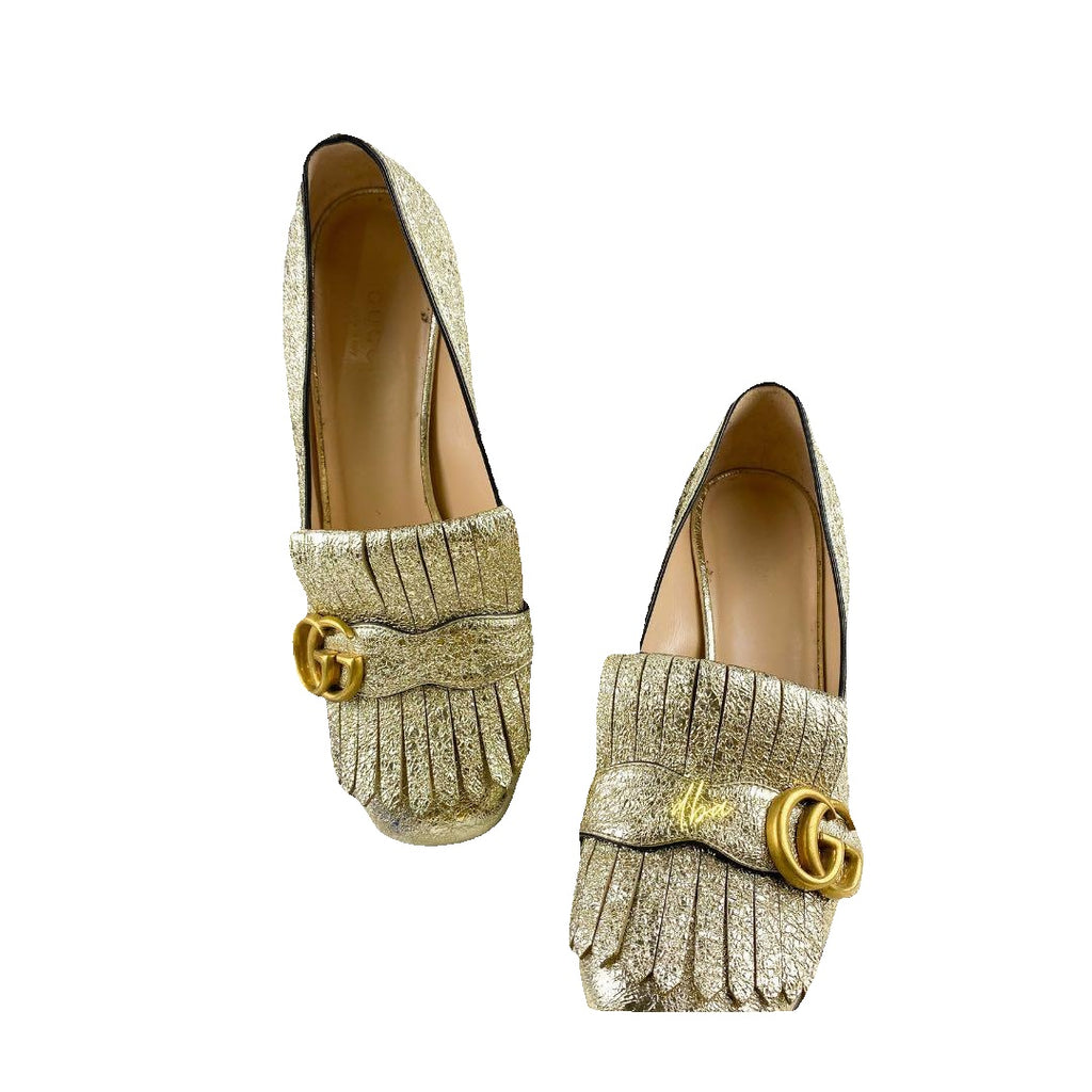 GUCCI MARMONT FRINGED LOAFER HEEL METALLIC