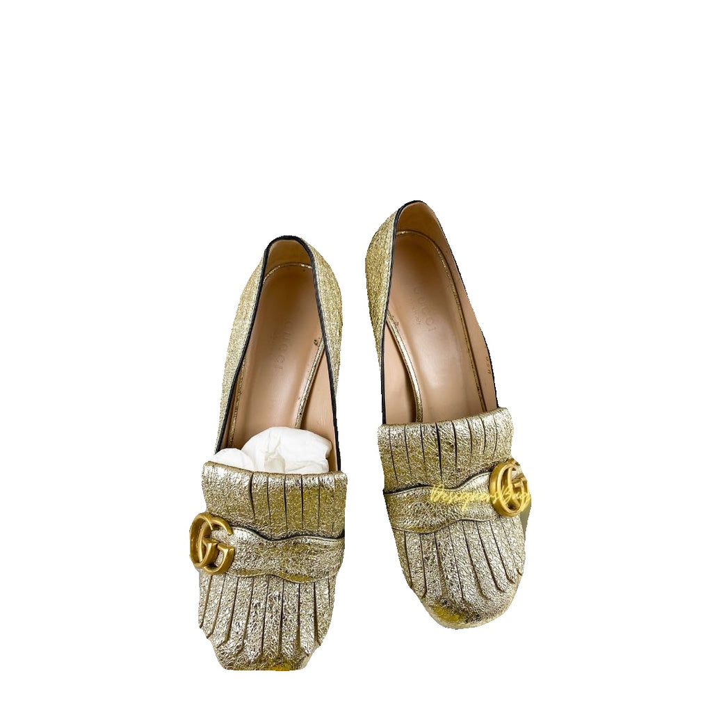 GUCCI MARMONT FRINGED LOAFER HEEL METALLIC