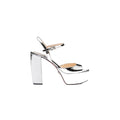 PRADA LOGO-ENGRAVED METALLIC LEATHER HEELED SANDALS NATURAL