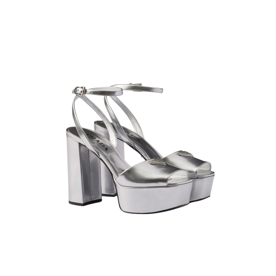 PRADA LEATHER SANDALS BLOCK HEEL OPEN TOE METALLIC