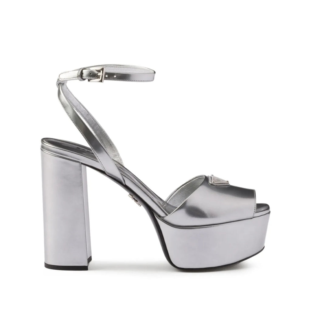 PRADA LEATHER SANDALS BLOCK HEEL OPEN TOE METALLIC