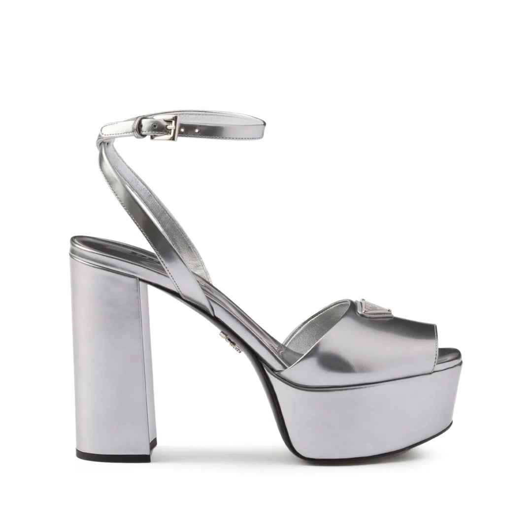PRADA LEATHER SANDALS BLOCK HEEL OPEN TOE METALLIC