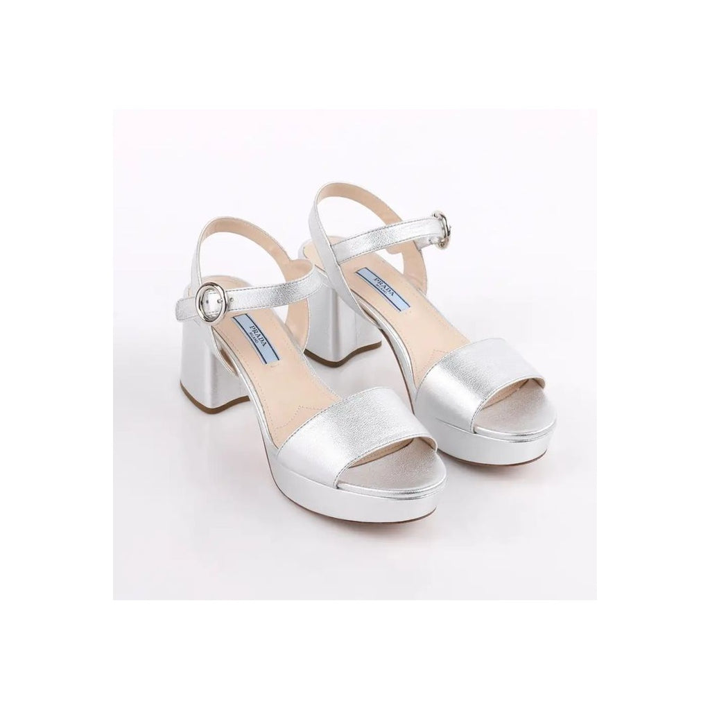 PRADA LEATHER SANDALS BLOCK HEEL OPEN TOE METALLIC
