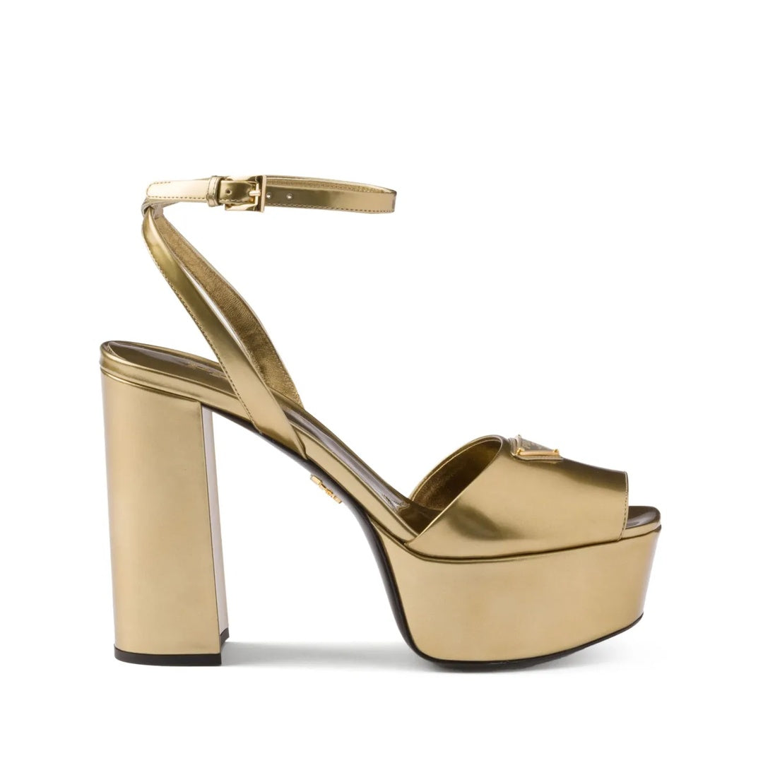 PRADA BLOCK HEEL ANKLE STRAP SANDAL METALLIC