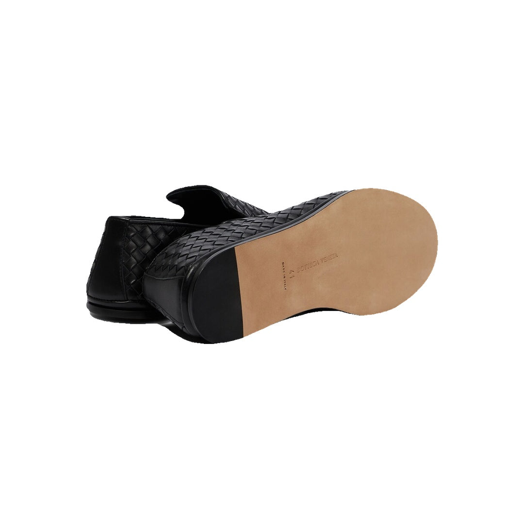 BOTTEGA VENETA SILENZIO NAPPA LEATHER LOAFERS INTRECCIATO BLACK