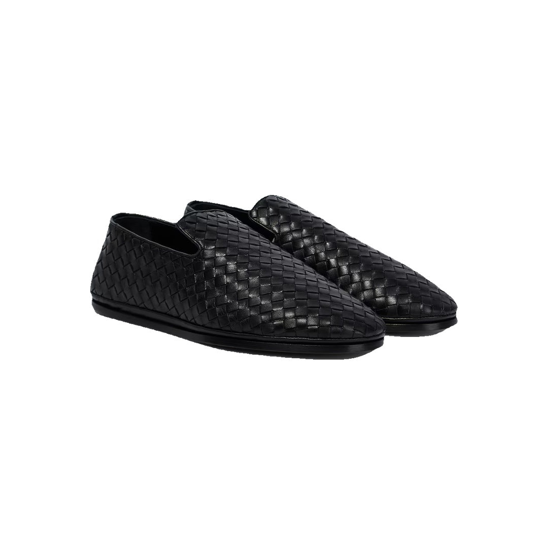 BOTTEGA VENETA SILENZIO NAPPA LEATHER LOAFERS INTRECCIATO BLACK