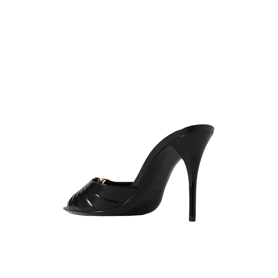 SAINT LAURENT BABYLONE PLEATED LOGO LEATHER FLATS BLACK
