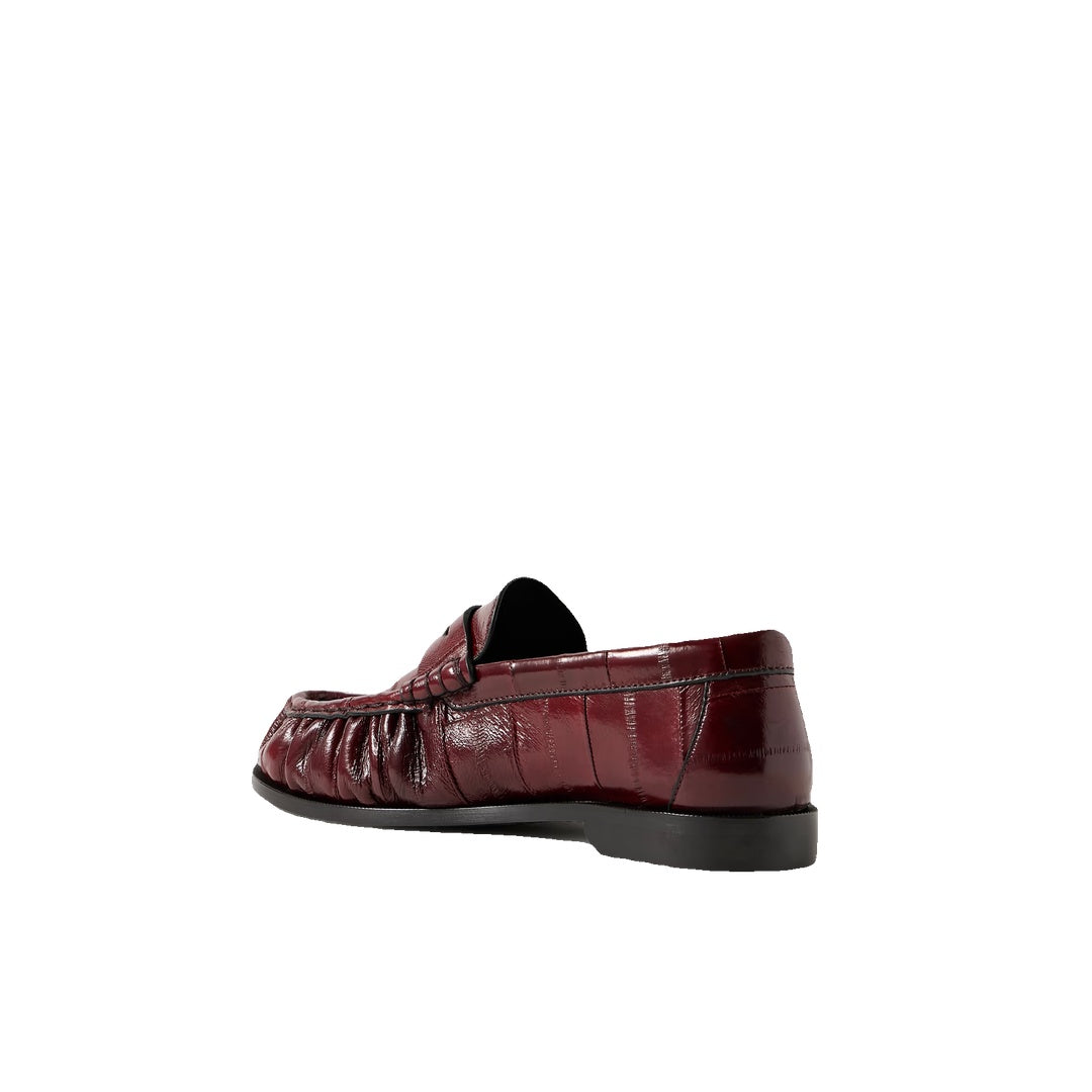 SAINT LAURENT LOGO-PLAQUE PLEATED-EFFECT LOAFERS BURGUNDY