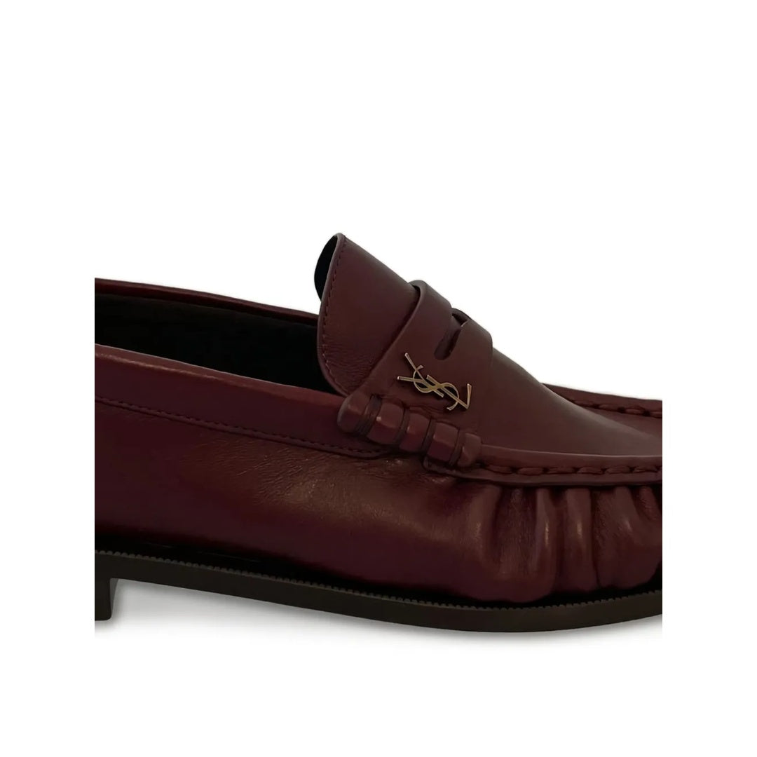 SAINT LAURENT LOGO-PLAQUE PLEATED-EFFECT LOAFERS BURGUNDY