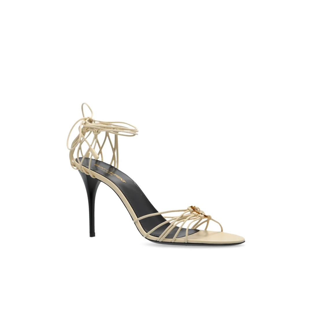 SAINT LAURENT BABYLONE TWISTED-DETAIL LEATHER SANDALS CREAM