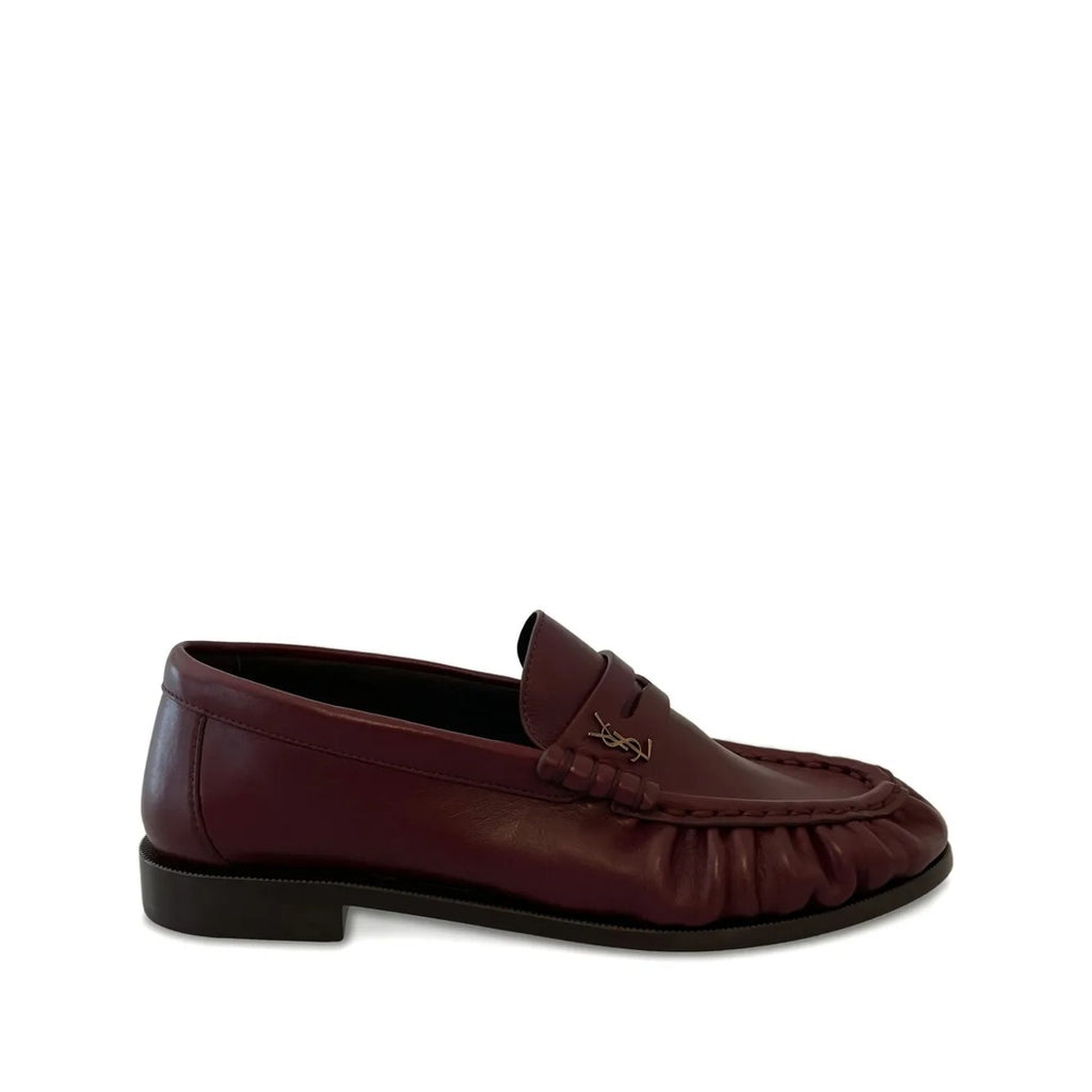 SAINT LAURENT LOGO-PLAQUE GATHERED LOAFERS BURGUNDY