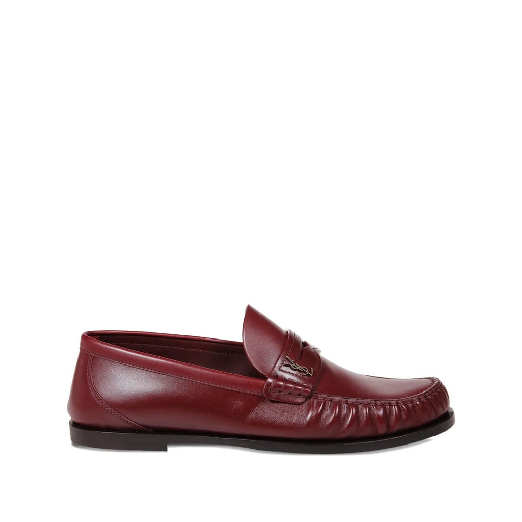 SAINT LAURENT LOGO-PLAQUE GATHERED LOAFERS BURGUNDY