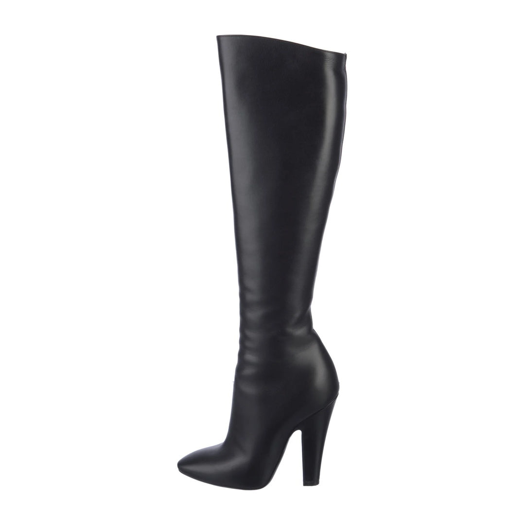 SAINT LAURENT ALMOND-TOE LEATHER BOOTS BLACK