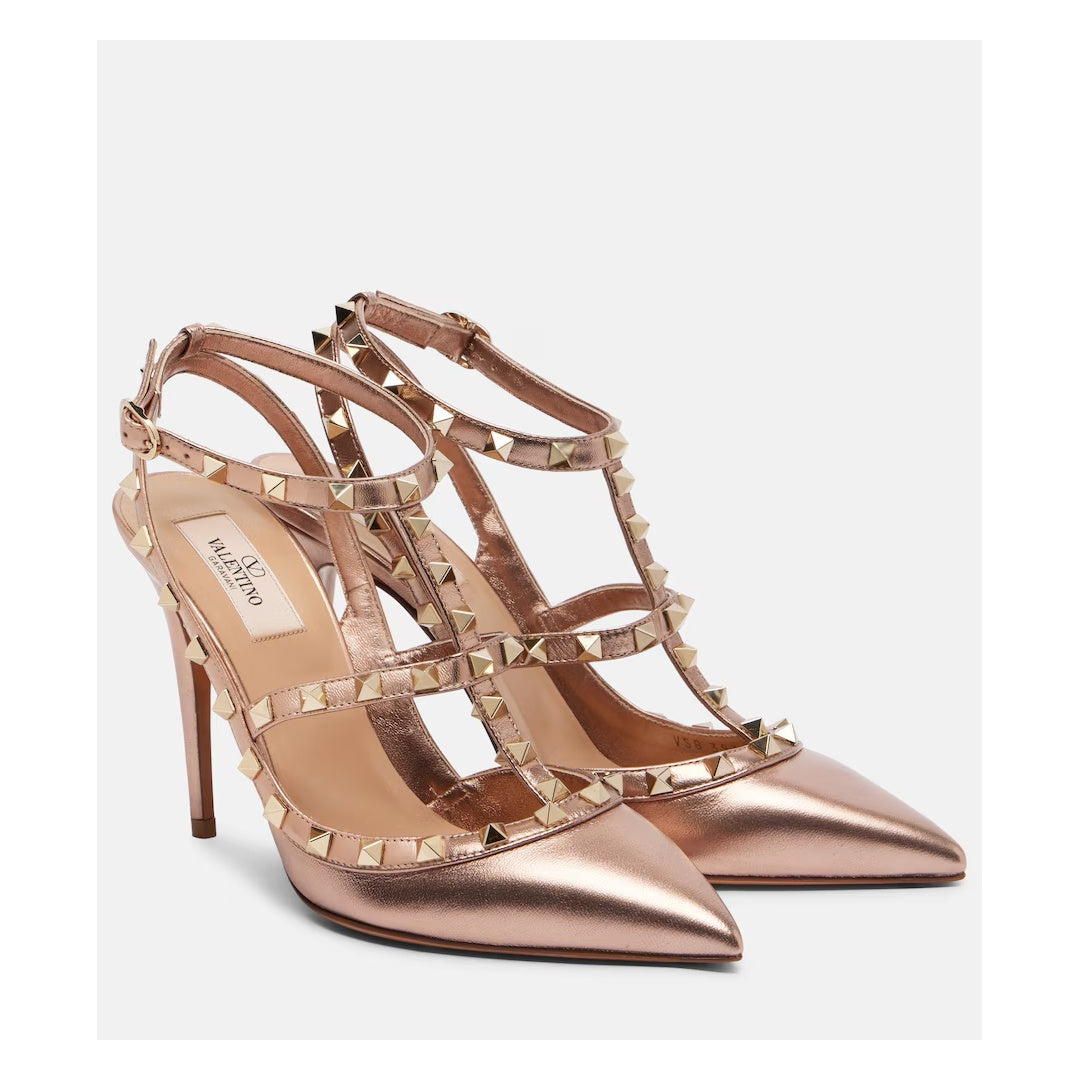 VALENTINO GARAVANI ROCKSTUD PUMP LAMINATED NAPPA 100MM GOLD