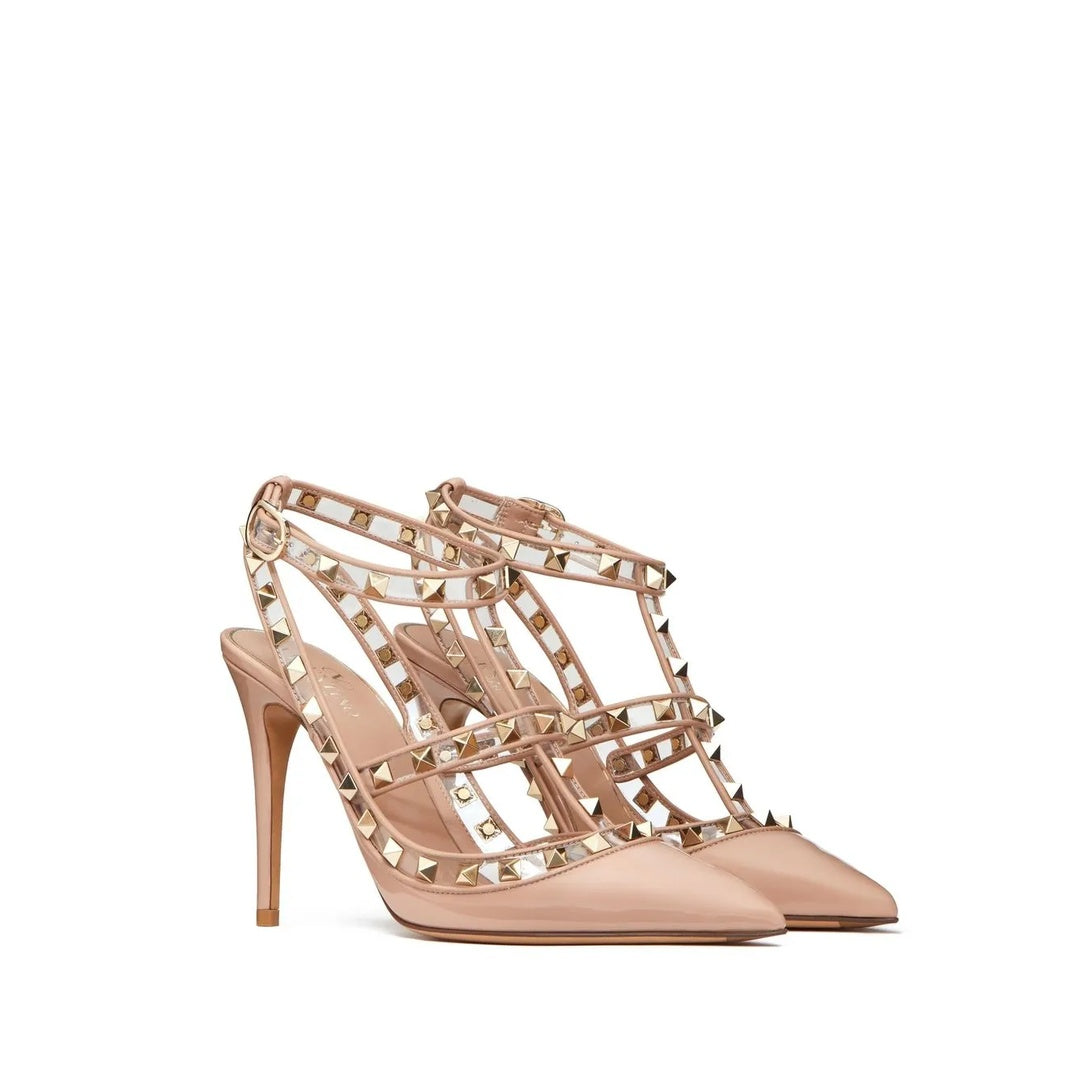 VALENTINO GARAVANI ROCKSTUD ANKLE STRAP PUMP 100MM NUDE PINK