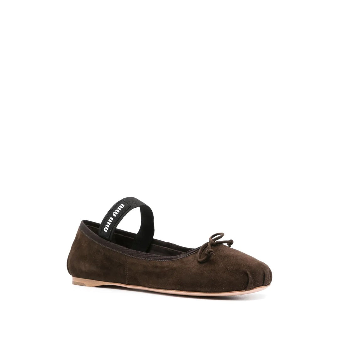 MIU MIU RUFFLED SUEDE BALLERINAS DARK BROWN