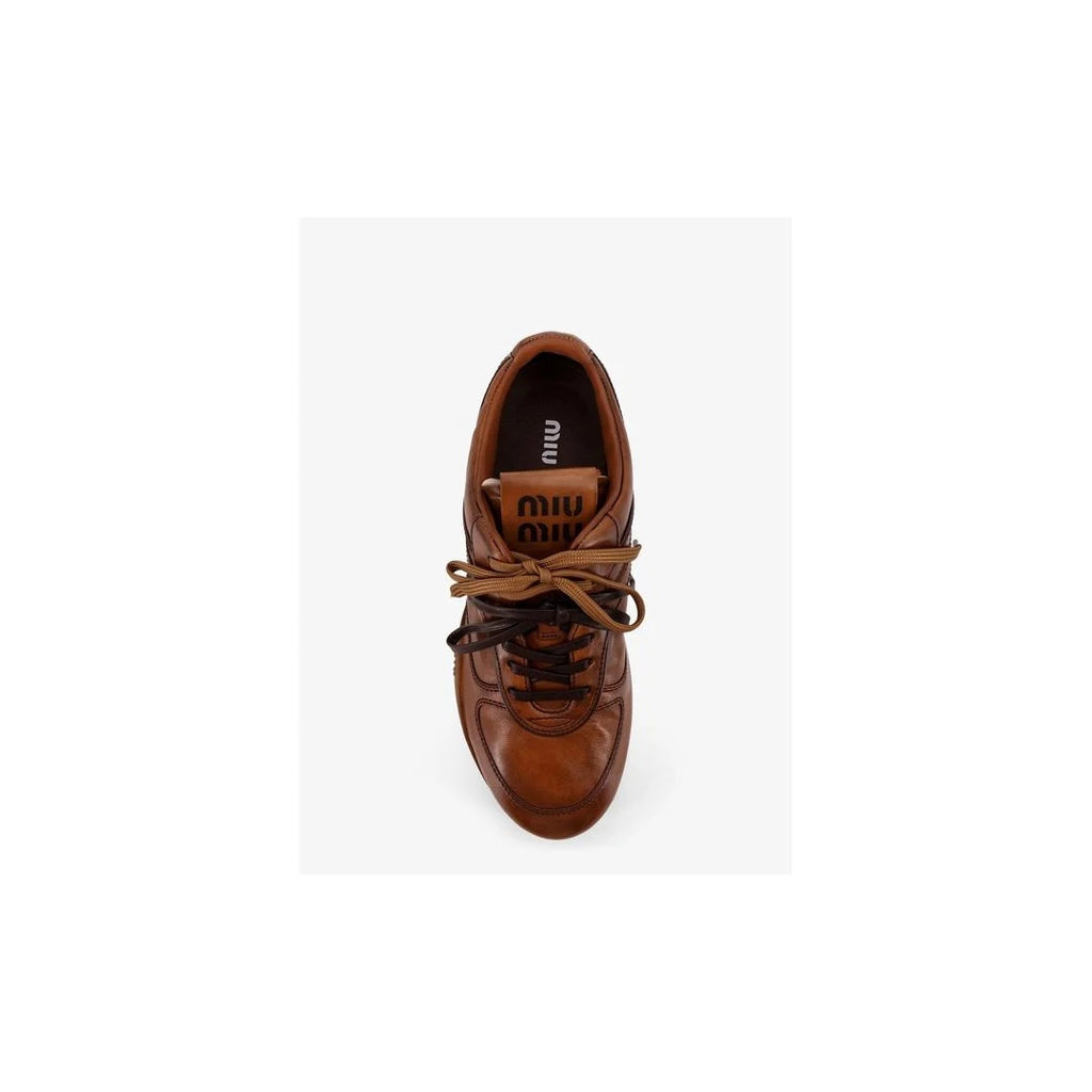 MIU MIU ALLACCIATE LEATHER BUCKLE LOW-TOP SNEAKERS TAN