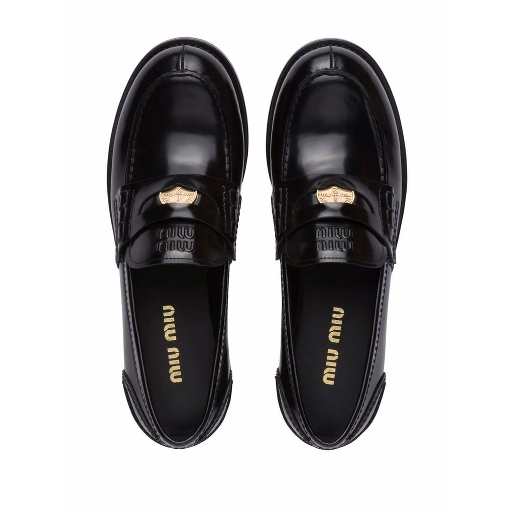 MIU MIU COGNAC WOVEN LEATHER PENNY LOAFERS BLACK