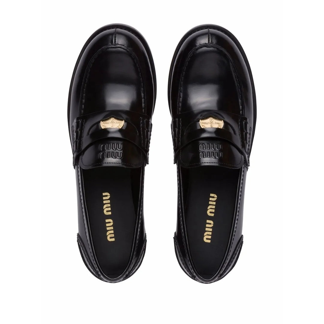MIU MIU COGNAC WOVEN LEATHER PENNY LOAFERS BLACK