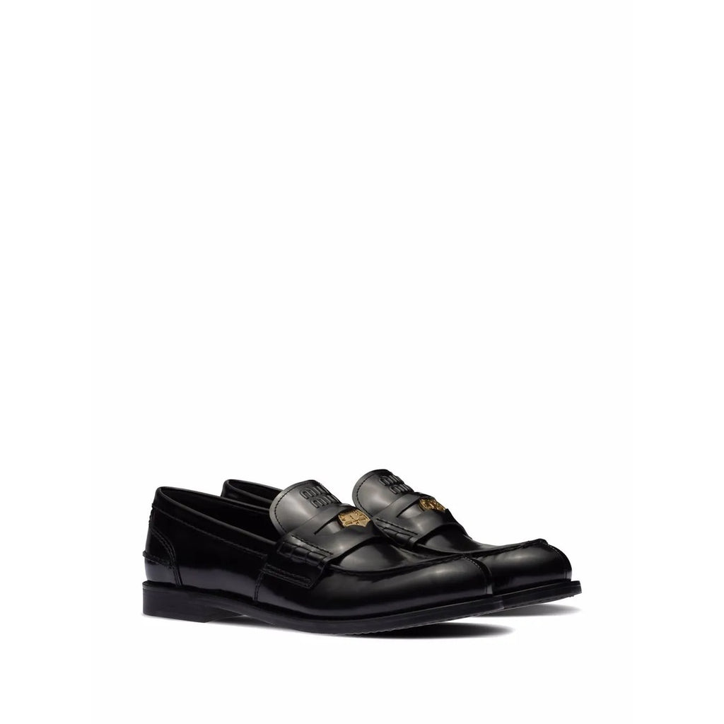 MIU MIU COGNAC WOVEN LEATHER PENNY LOAFERS BLACK