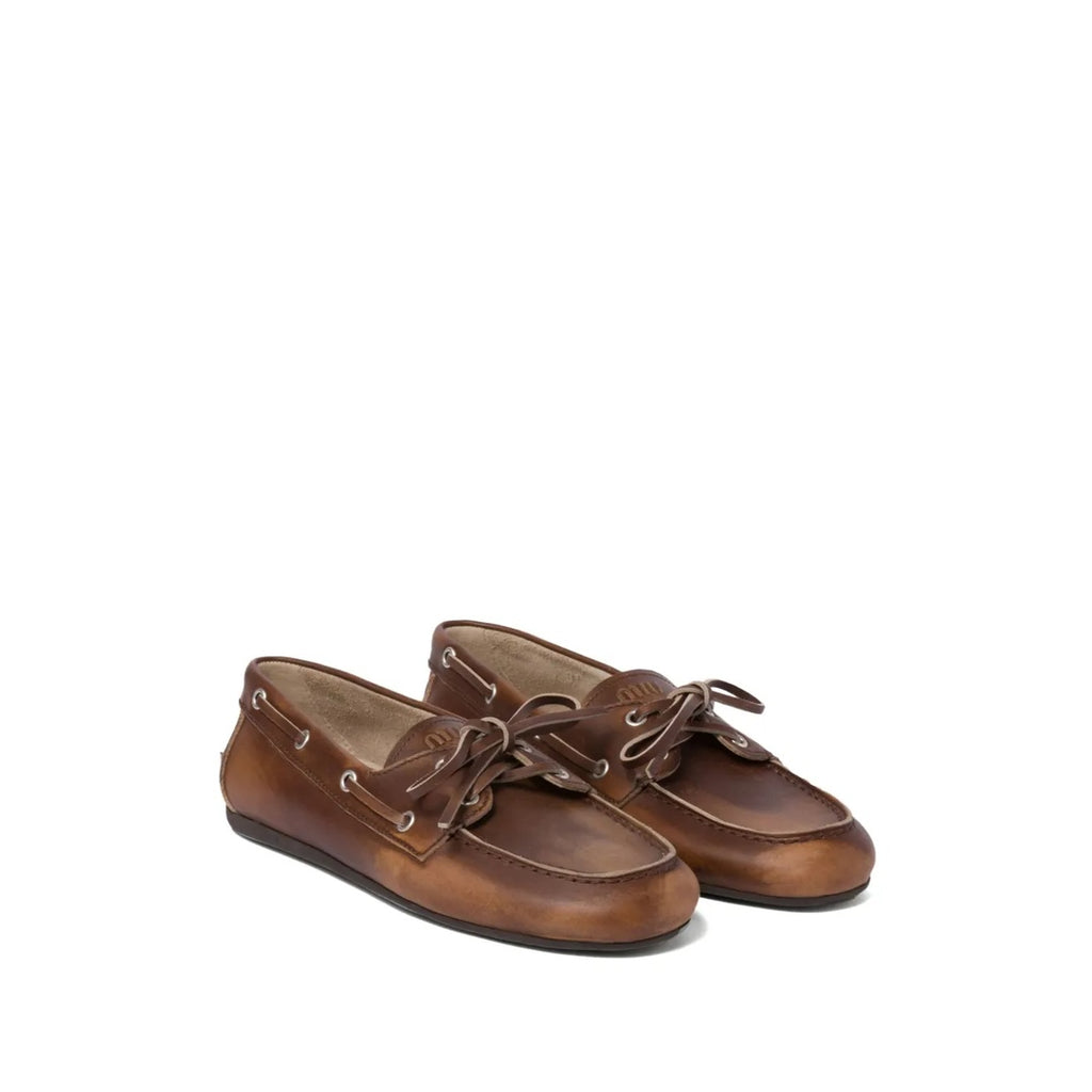 MIU MIU BRUSHED LEATHER SLINGBACK LOAFERS BROWN